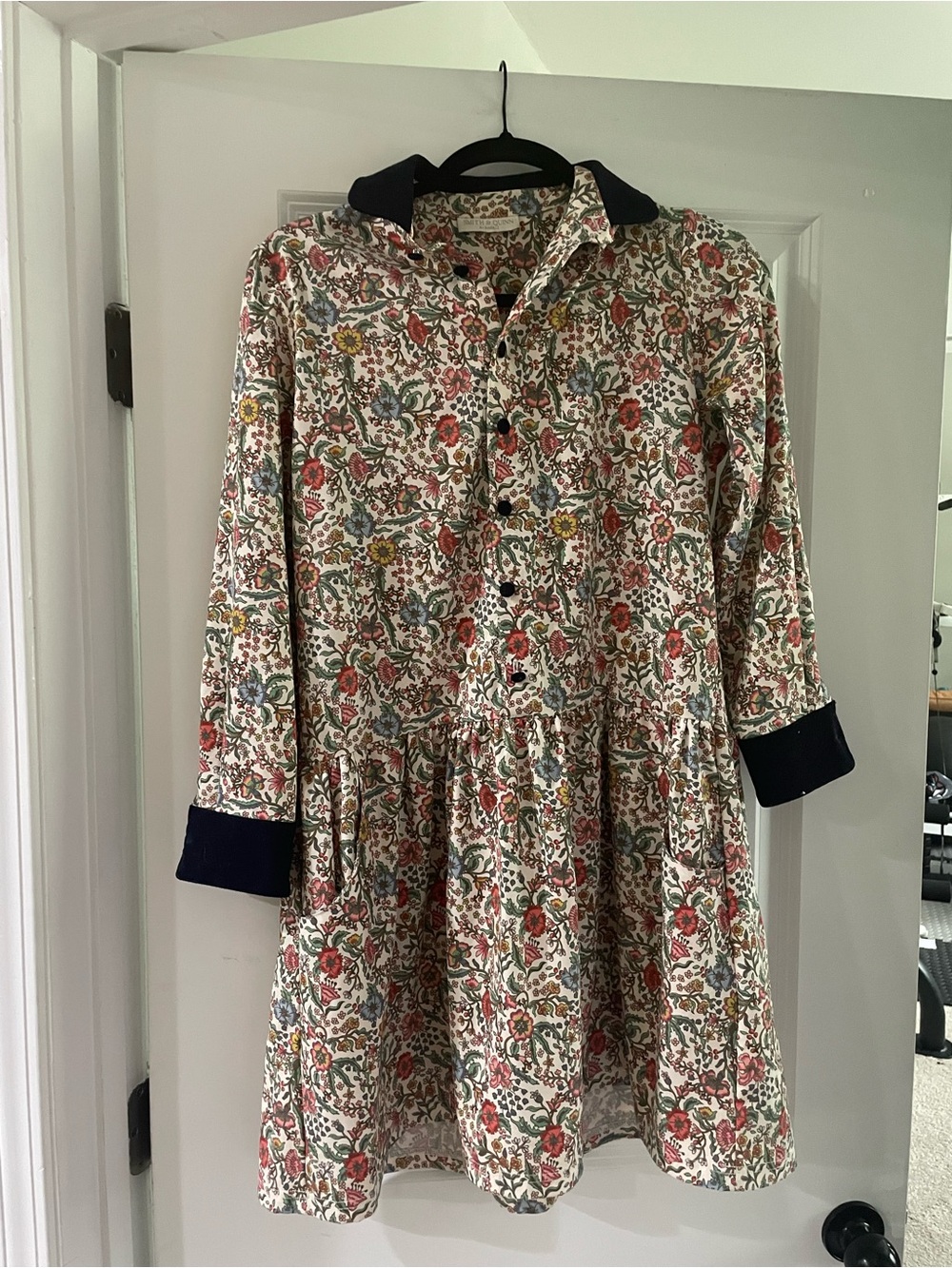 Floral Button-Front Mini Dress with Navy Corduroy Trim